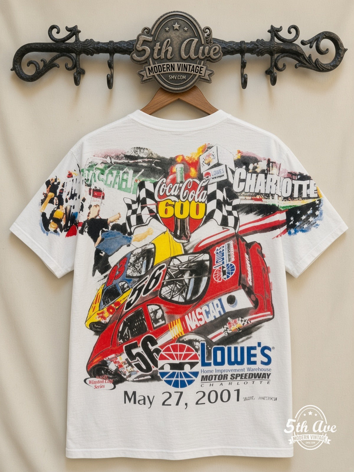 NASCAR Coca-Cola 600 Charlotte 2001 Lowes all over print vintage tee back on cream 5th Ave rack