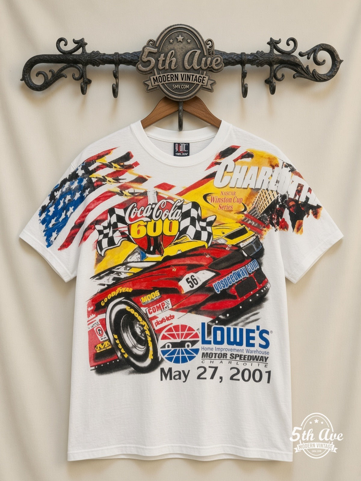 NASCAR Coca-Cola 600 Charlotte 2001 Lowes all over print vintage nascar t-shirt front on cream 5th Ave rack