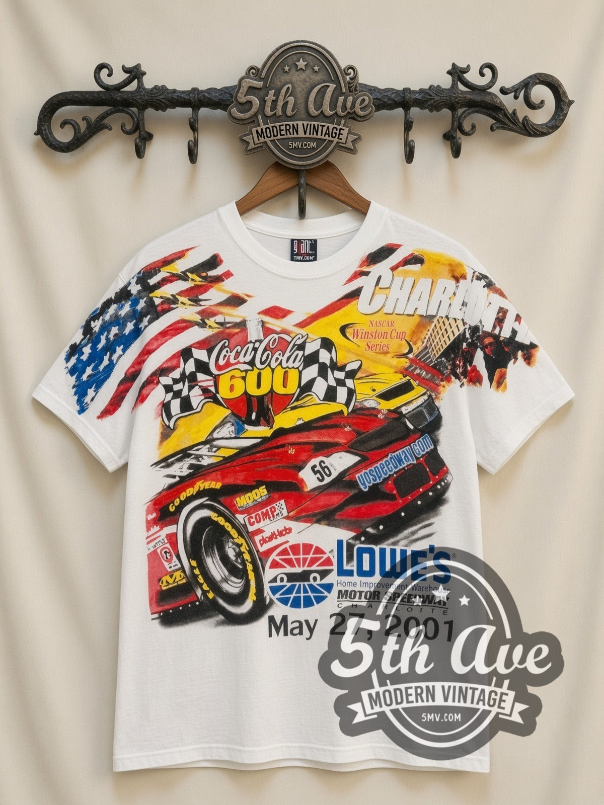 NASCAR Coca-Cola 600 Charlotte 2001 Lowe's all-over-print vintage NASCAR t-shirt in white, front view on a display rack