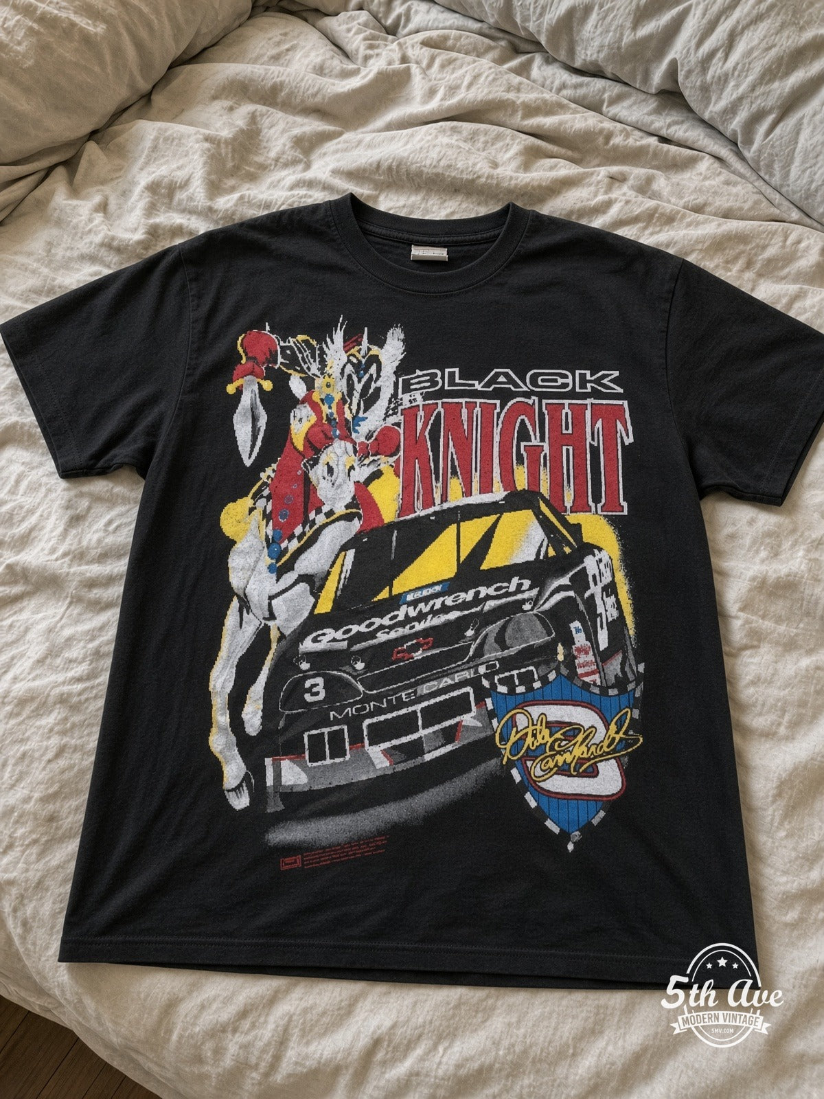 NASCAR Dale Earnhardt 3 Black Knight Horse vintage tee laid on bed