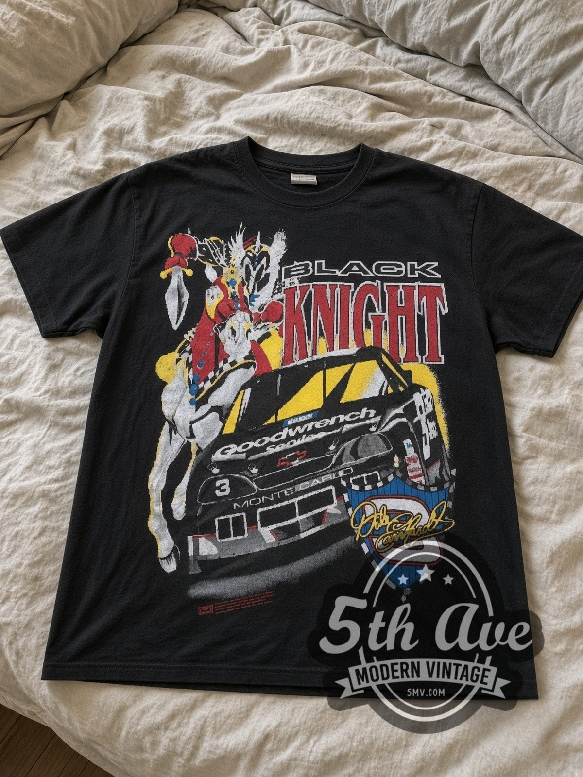 NASCAR Dale Earnhardt #3 Black Knight Horse all-over-print vintage NASCAR tee in black laid flat