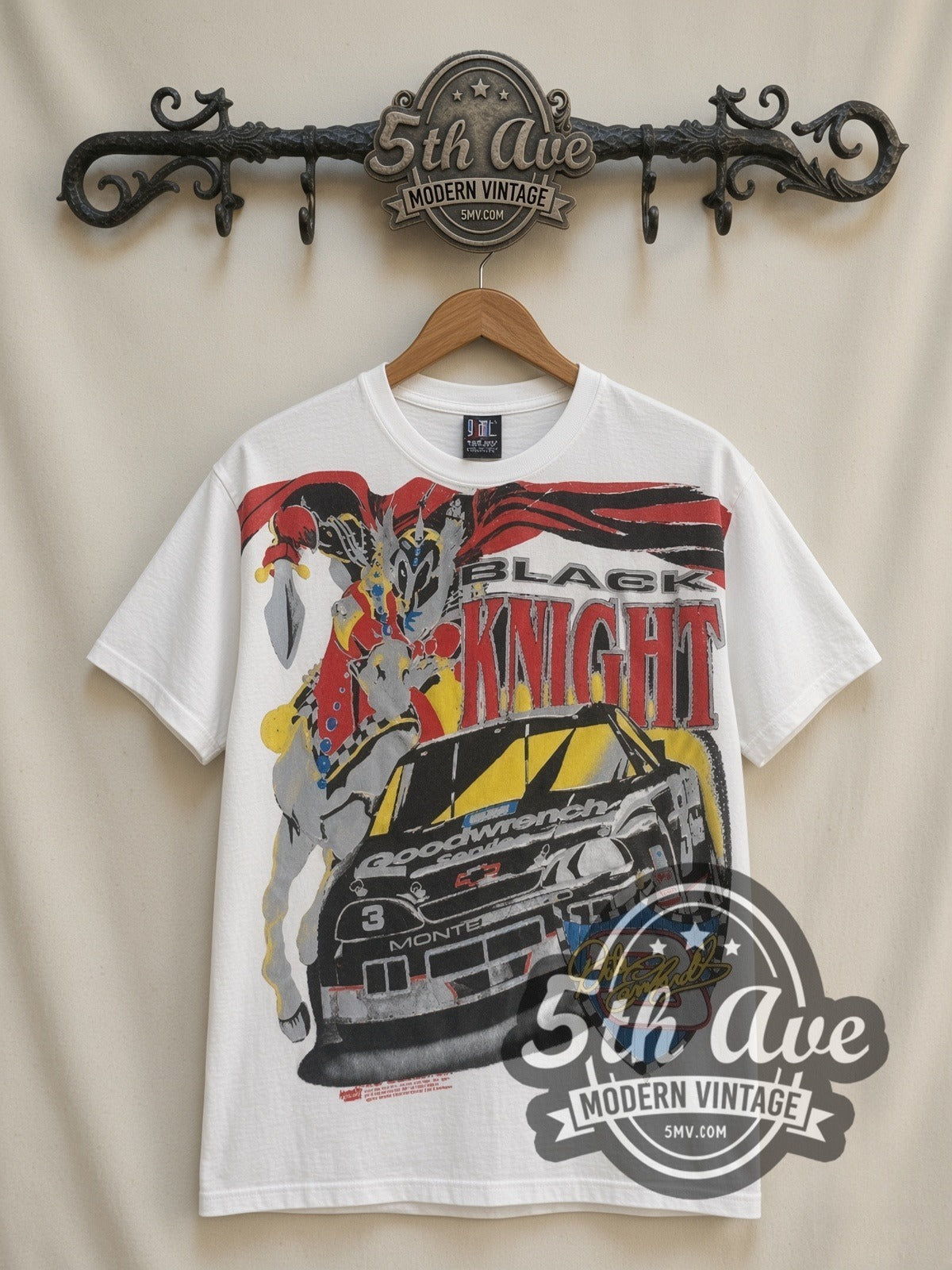 NASCAR Dale Earnhardt #3 Black Knight Horse all-over-print vintage NASCAR t-shirt in white, front view on a display rack