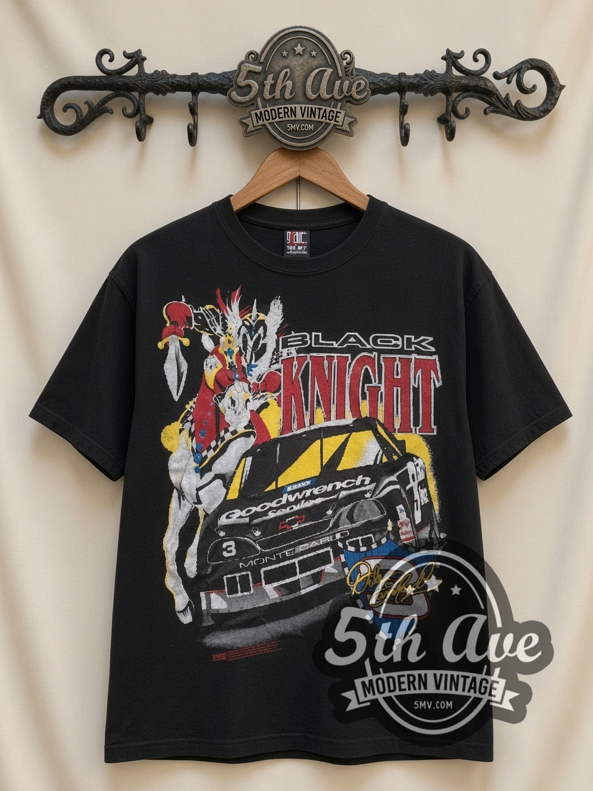 NASCAR Dale Earnhardt #3 Black Knight Horse all-over-print vintage graphic t-shirt in black, front view on a display rack