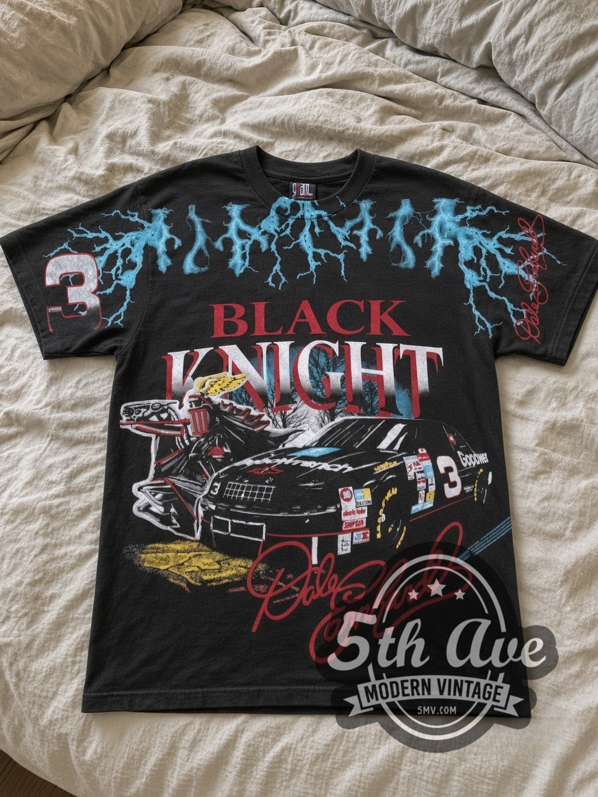 NASCAR Dale Earnhardt #3 Black Knight Lightning all-over-print vintage NASCAR tee in black laid flat