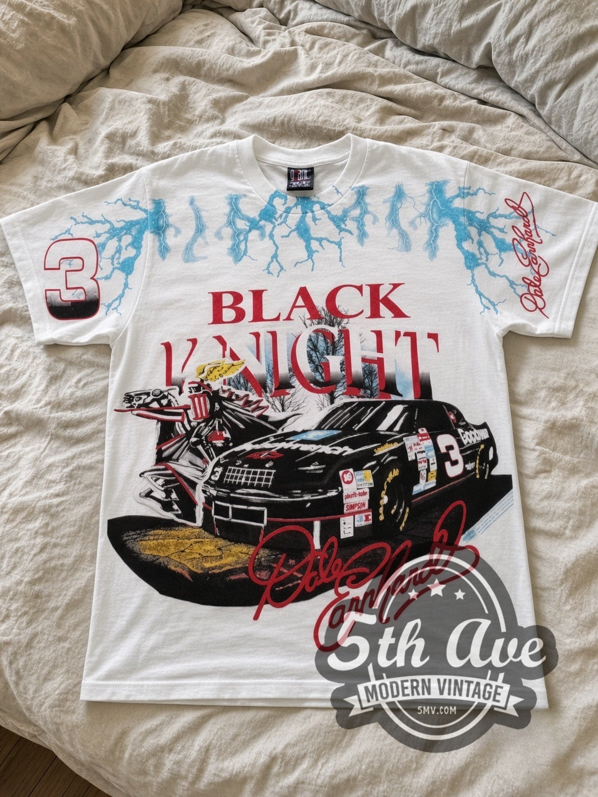 NASCAR Dale Earnhardt #3 Black Knight Lightning all-over-print vintage NASCAR tee in white laid flat
