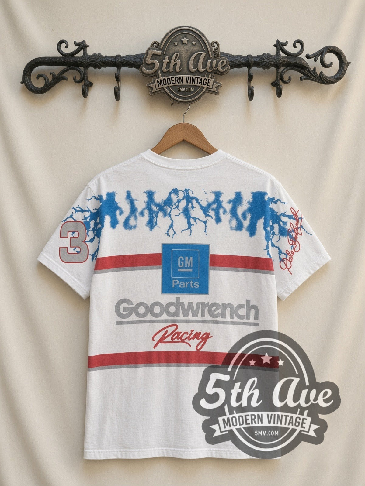 NASCAR Dale Earnhardt #3 Black Knight Lightning all-over-print vintage NASCAR t-shirt in white, back view on a display rack
