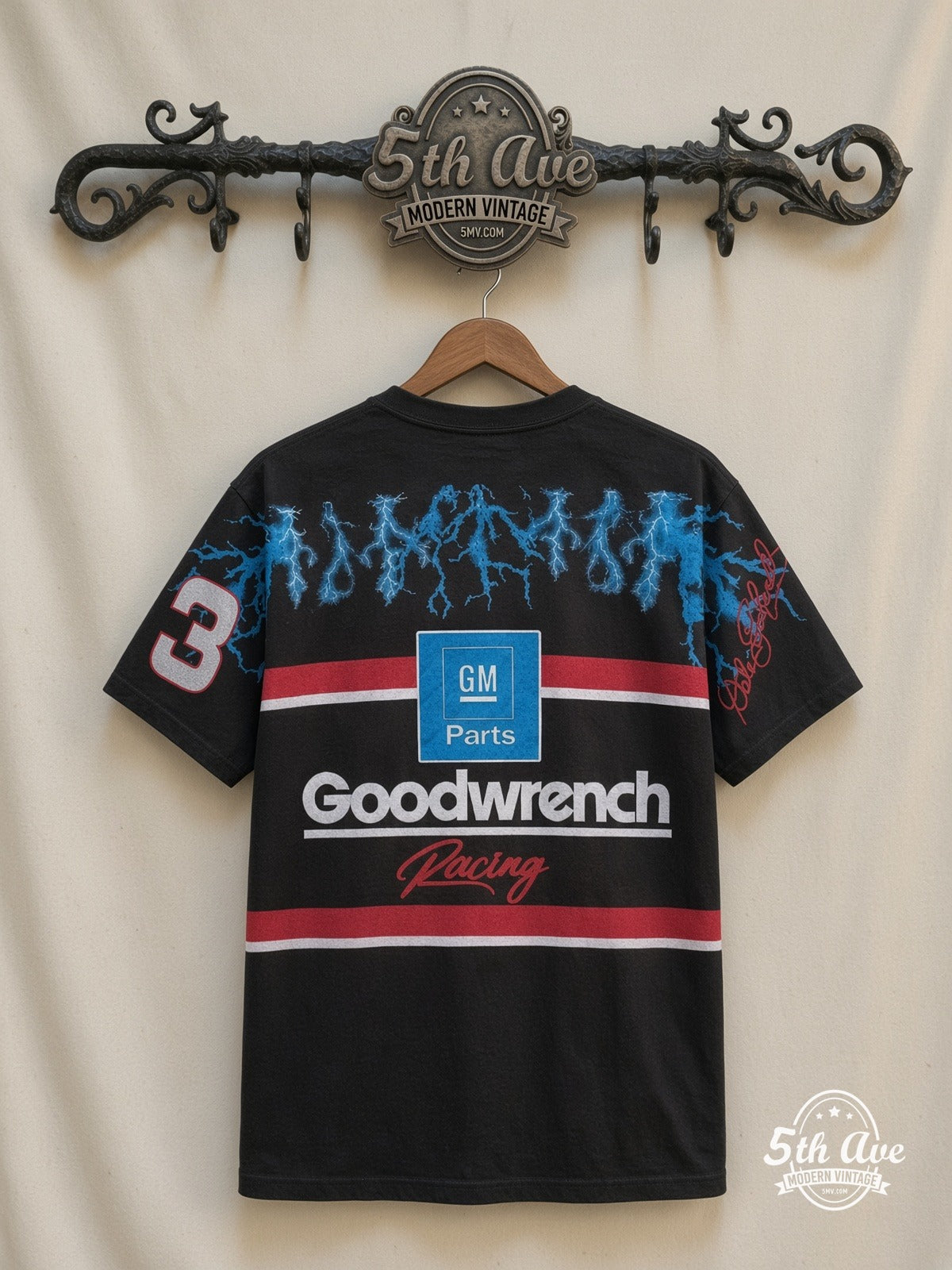 NASCAR Dale Earnhardt 3 Black Knight Lightning all over print vintage tee back on cream 5th Ave rack