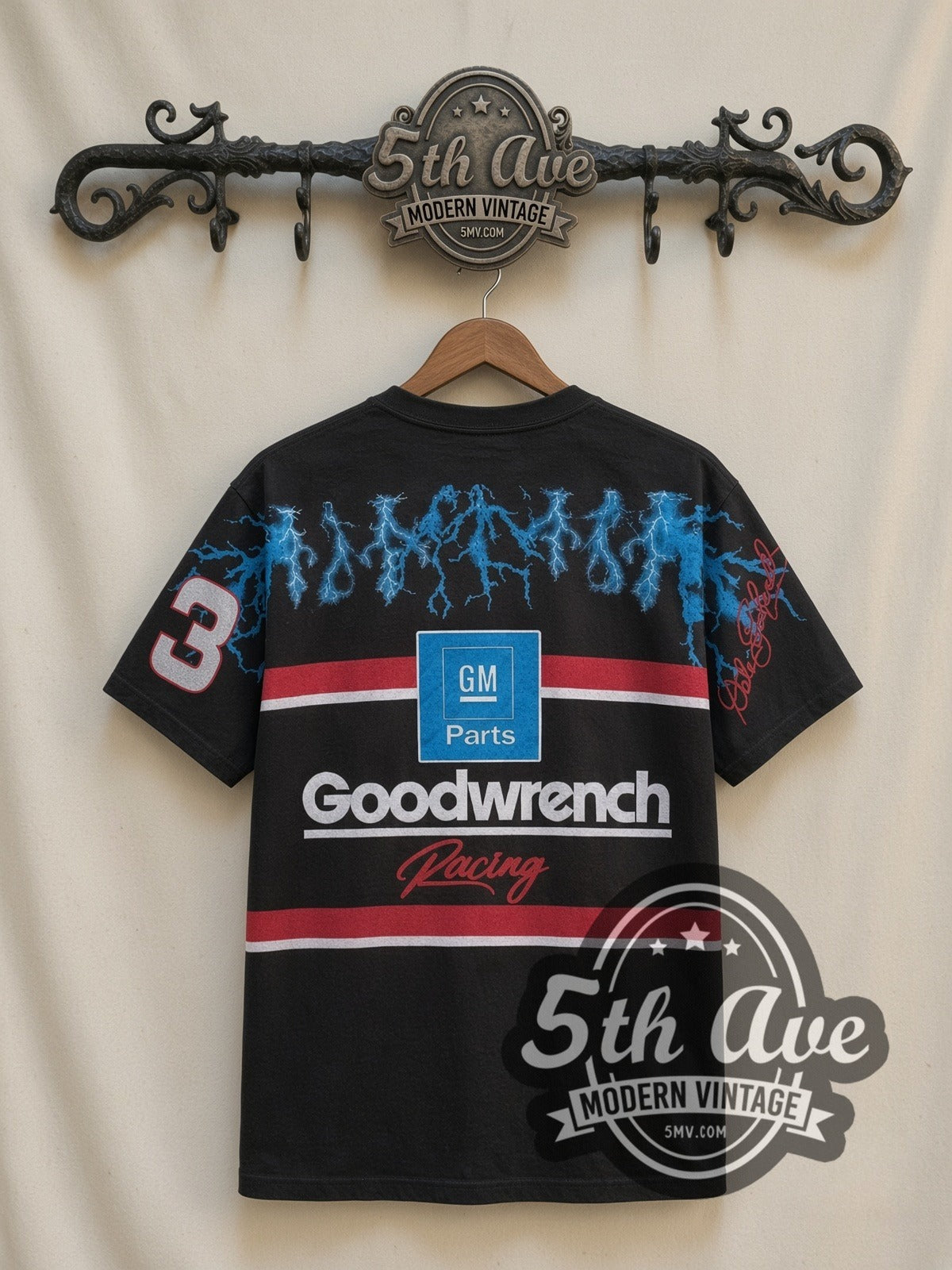 NASCAR Dale Earnhardt #3 Black Knight Lightning all-over-print vintage NASCAR t-shirt in black, back view on a display rack