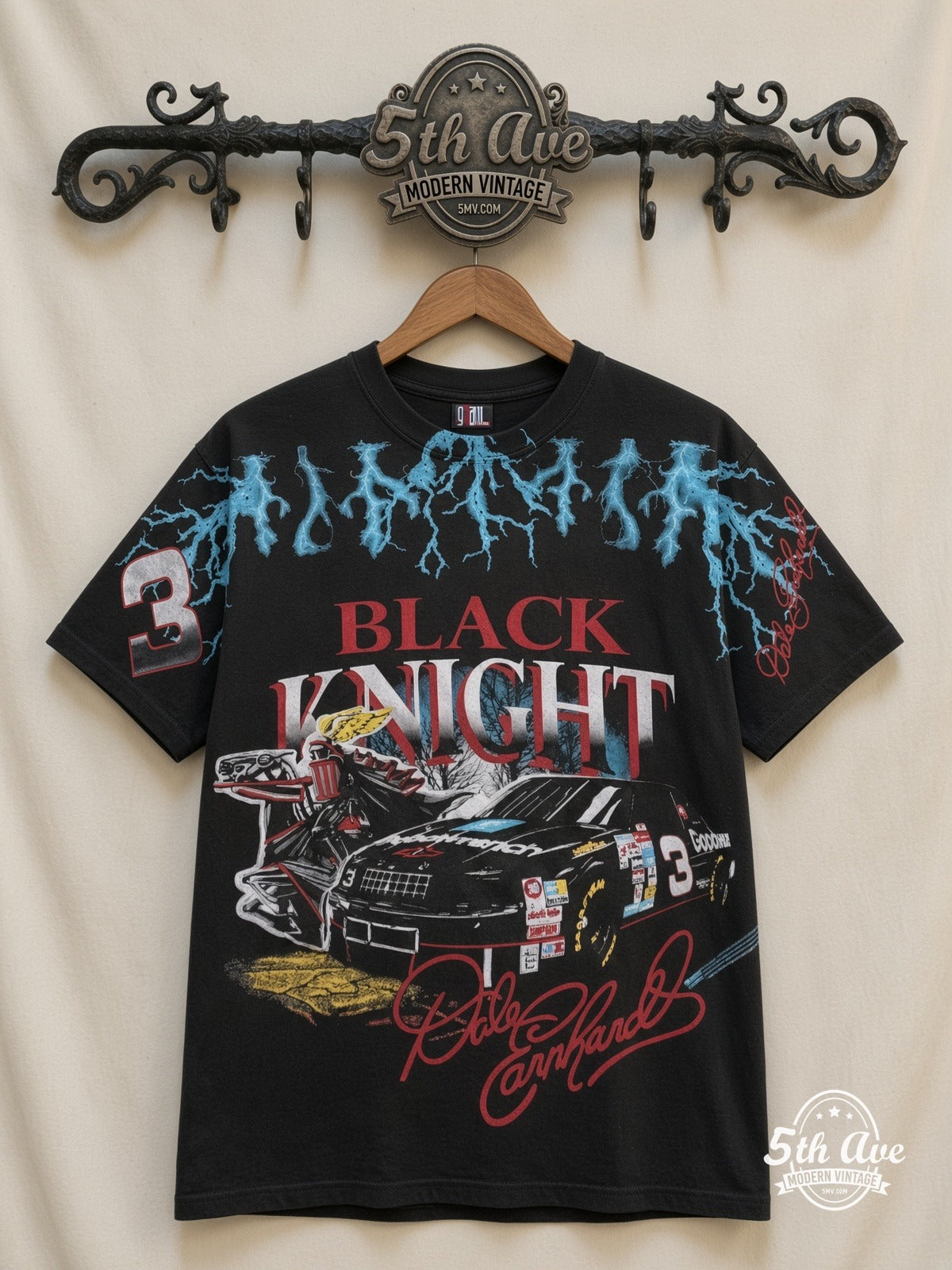 NASCAR Dale Earnhardt 3 Black Knight Lightning all over print vintage nascar t-shirt front on cream 5th Ave rack