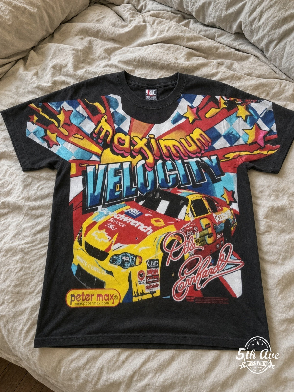 NASCAR Dale Earnhardt 3 Maximum Velocity Peter Max vintage tee laid on bed