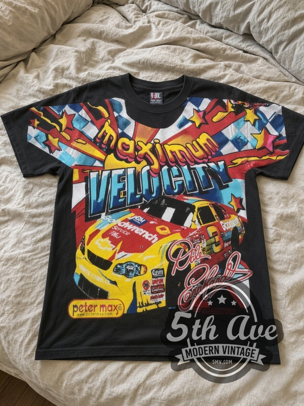 NASCAR Dale Earnhardt #3 Maximum Velocity Peter Max all-over-print vintage NASCAR tee in black laid flat
