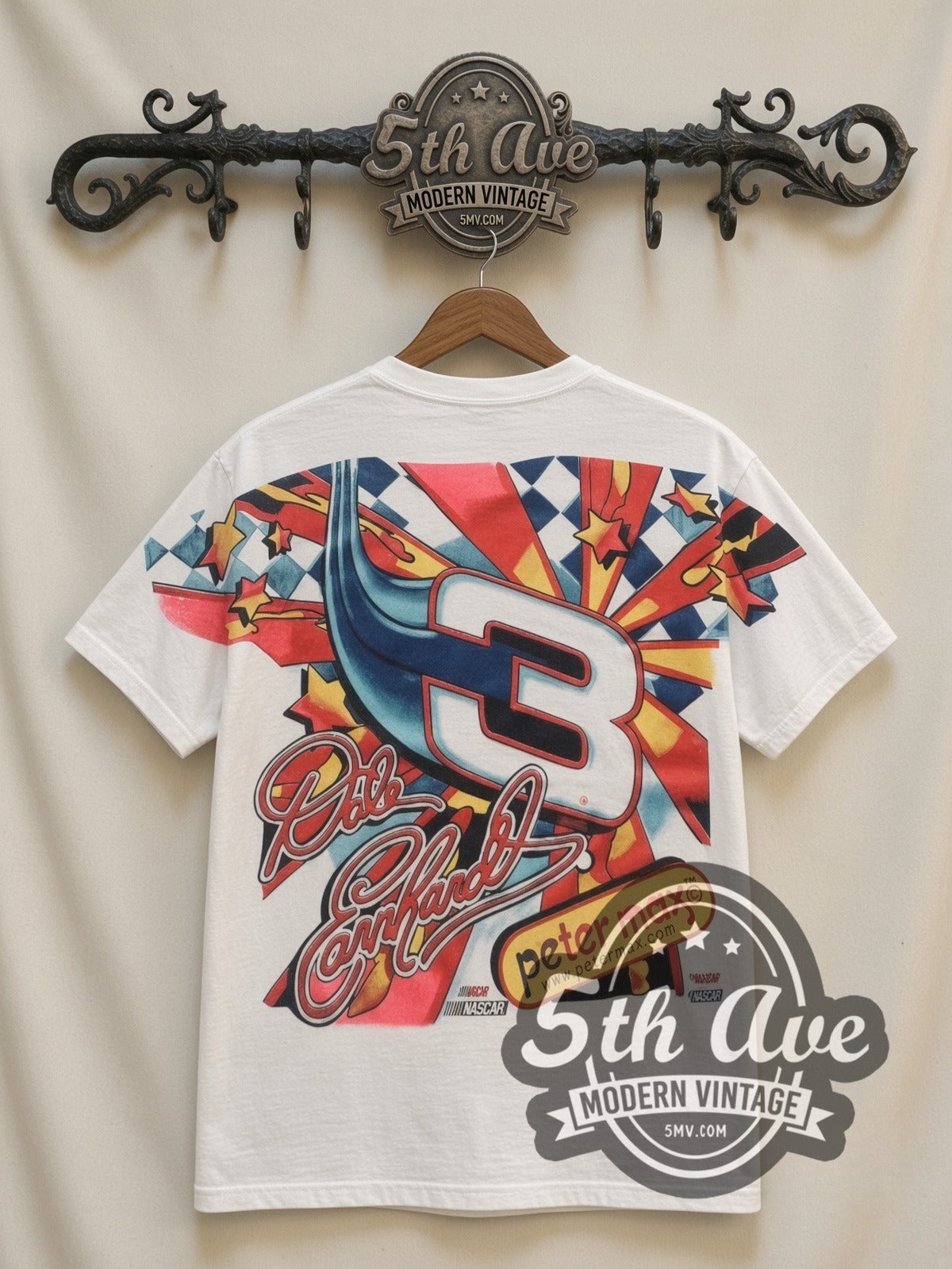 NASCAR Dale Earnhardt #3 Maximum Velocity Peter Max all-over-print vintage NASCAR tee in white laid flat