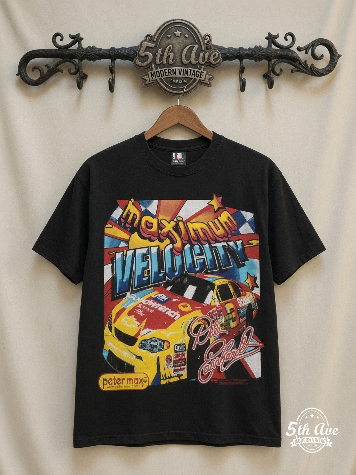 NASCAR Dale Earnhardt 3 Maximum Velocity Peter Max all over print vintage nascar t-shirt front on cream 5th Ave rack
