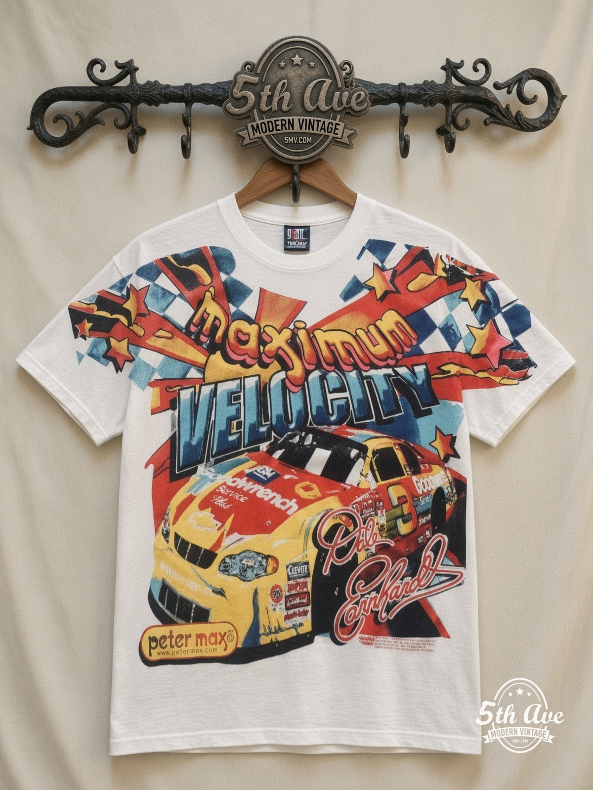 NASCAR Dale Earnhardt 3 Maximum Velocity Peter Max all over print vintage nascar t-shirt front on cream 5th Ave rack