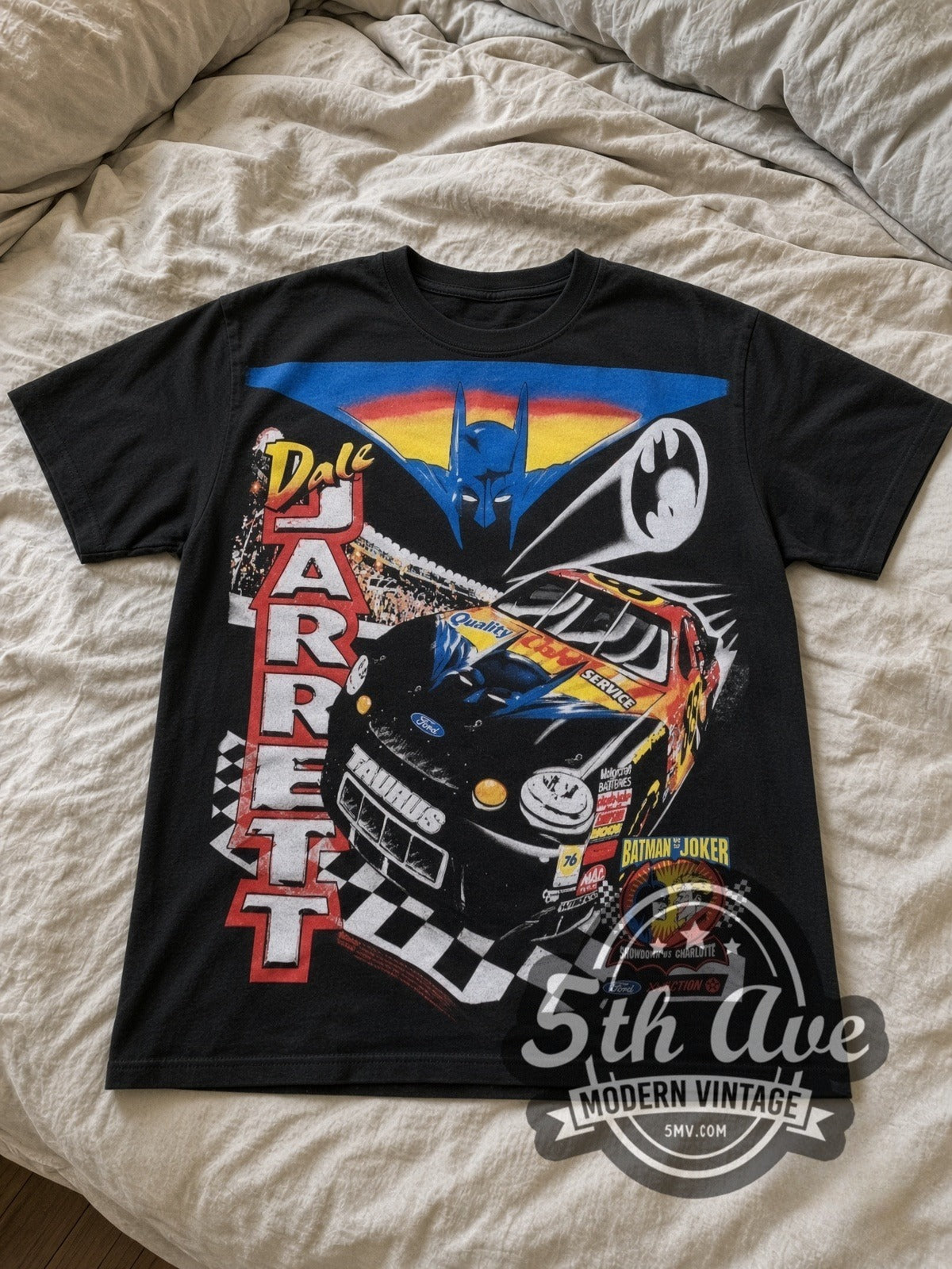 NASCAR Dale Jarrett #88 Batman Forever all-over-print vintage NASCAR tee in black laid flat