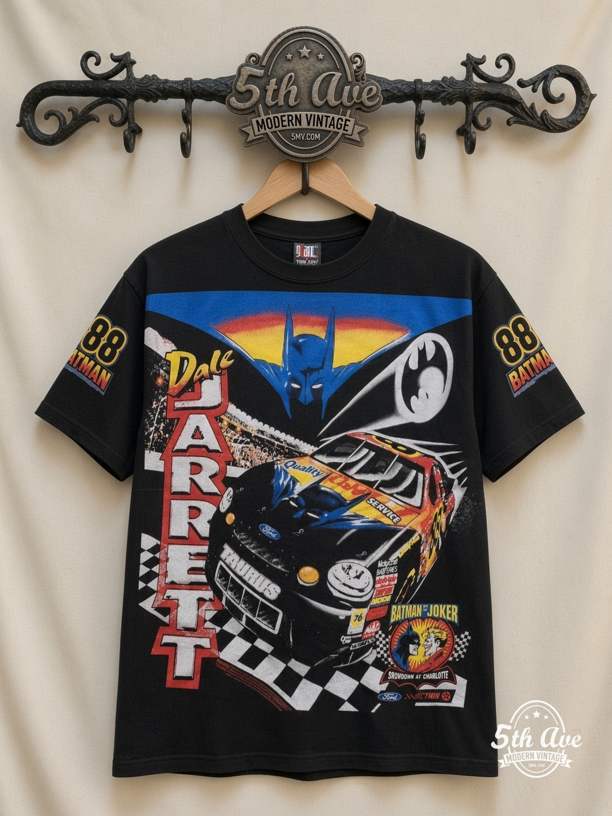 NASCAR Dale Jarrett 88 Batman Forever all over print vintage nascar t-shirt front on cream 5th Ave rack