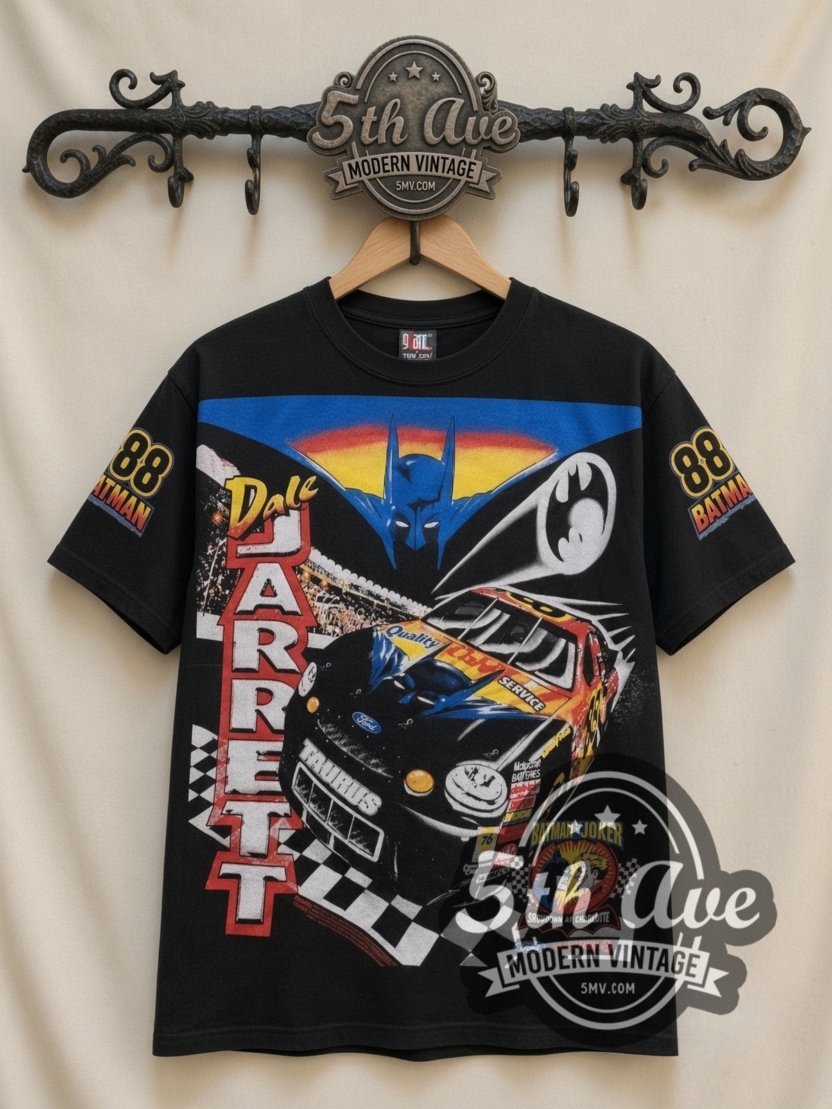 NASCAR Dale Jarrett #88 Batman Forever all-over-print vintage NASCAR t-shirt in black, front view on a display rack