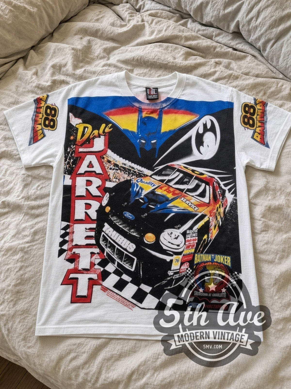 NASCAR Dale Jarrett #88 Batman Forever all-over-print vintage NASCAR tee in white laid flat