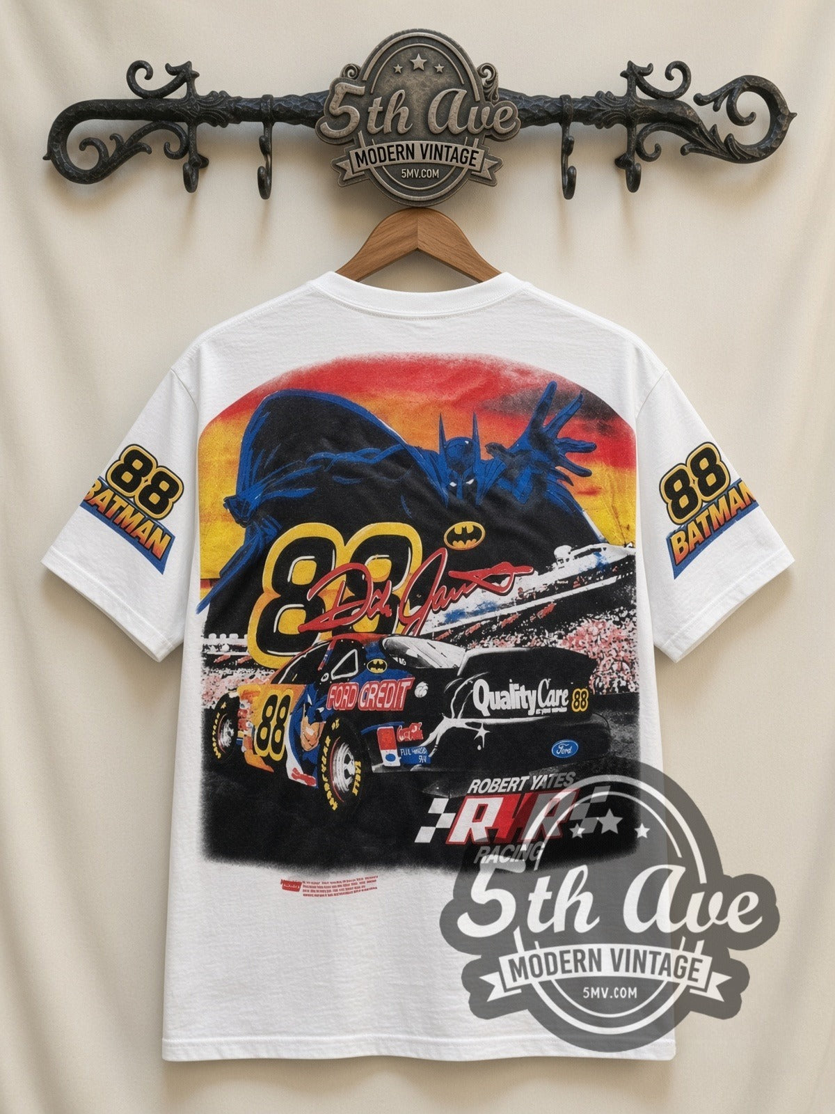 NASCAR Dale Jarrett #88 Batman Forever all-over-print vintage NASCAR t-shirt in white, back view on a display rack