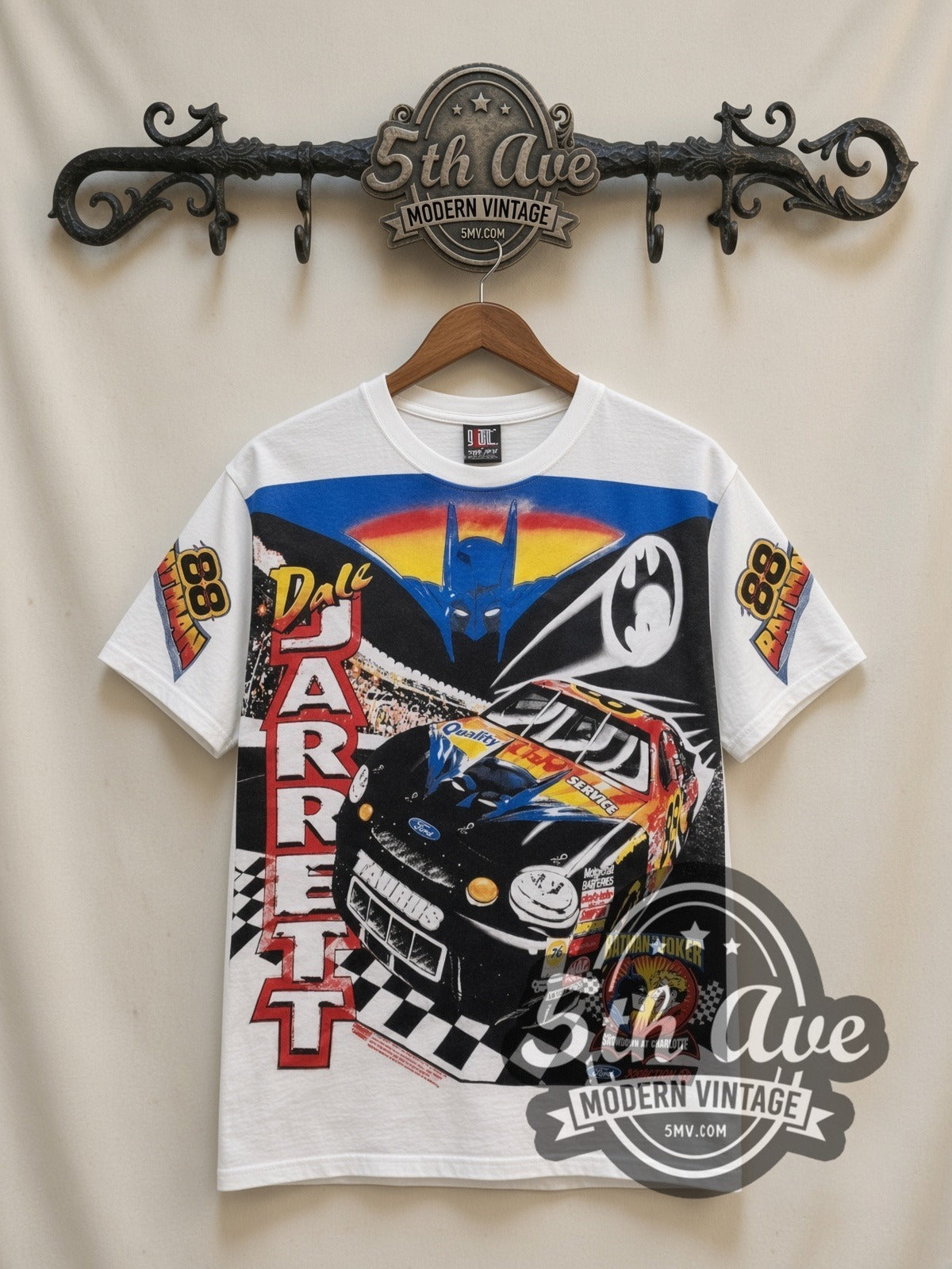 NASCAR Dale Jarrett #88 Batman Forever all-over-print vintage NASCAR t-shirt in white, front view on a display rack