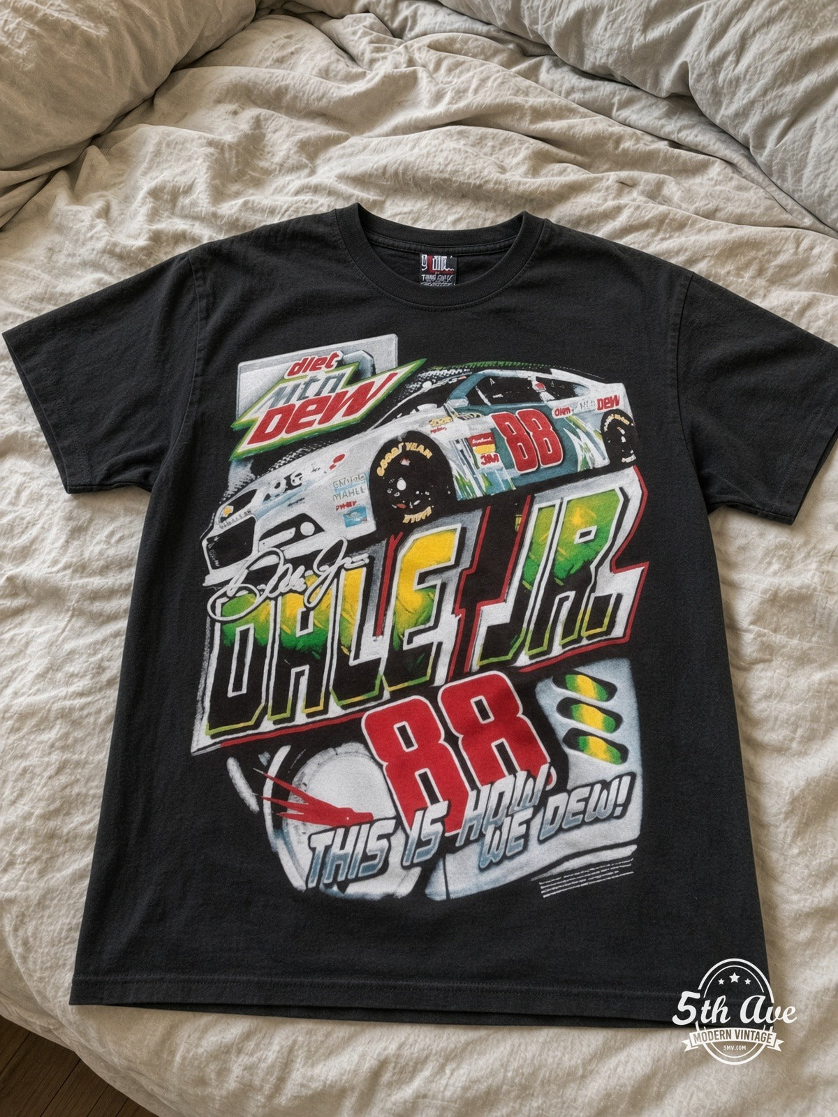 NASCAR Dale Jr 88 Mountain Dew This Is How We Dew vintage tee laid on bed