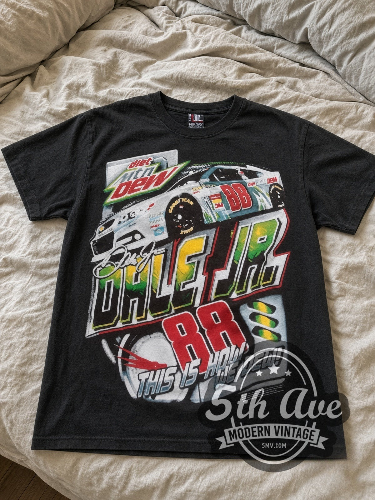 NASCAR Dale Earnhardt Jr. #88 Mountain Dew all-over-print vintage NASCAR tee laid flat