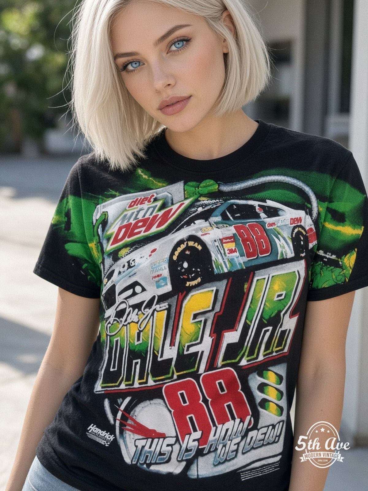 NASCAR Dale Jr 88 Mountain Dew This Is How We Dew vintage tee model wearing