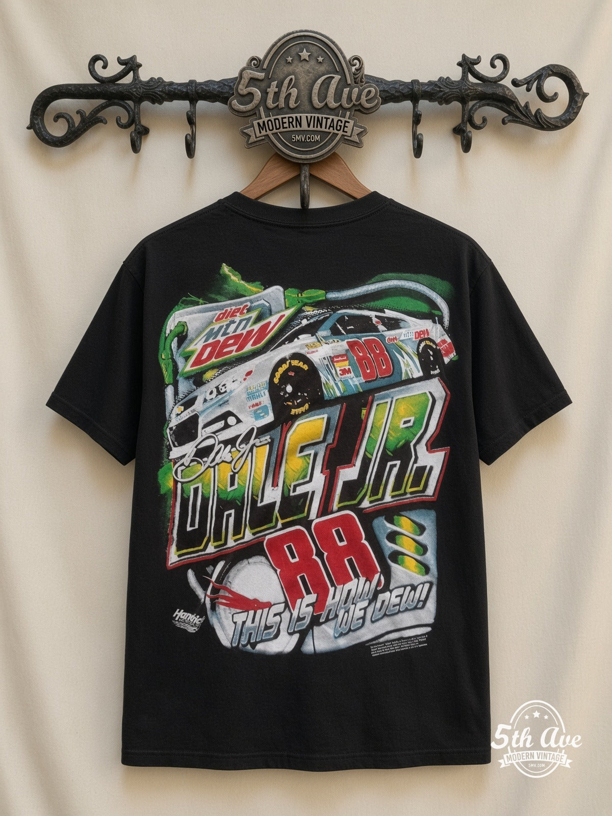NASCAR Dale Jr 88 Mountain Dew This Is How We Dew all over print vintage tee back on cream 5th Ave rack