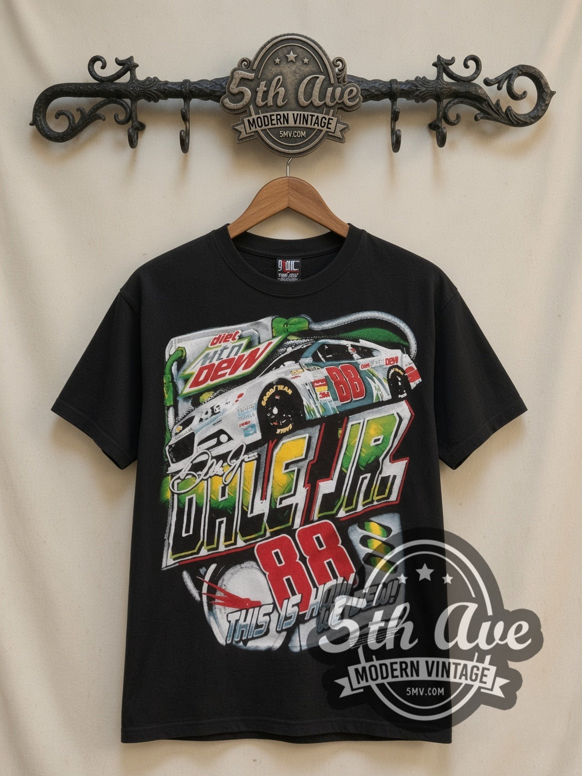 NASCAR Dale Earnhardt Jr. #88 Mountain Dew all-over-print vintage NASCAR t-shirt, front view on a display rack