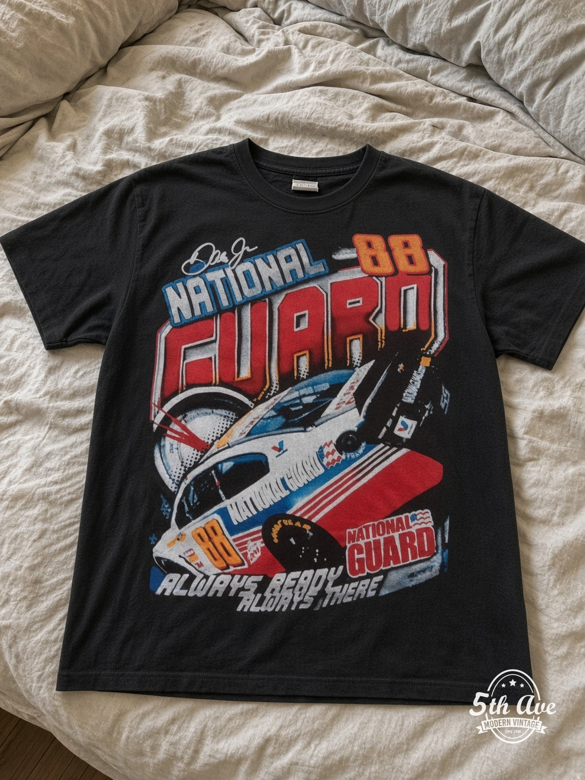 NASCAR Dale Jr 88 National Guard Always Ready vintage tee laid on bed