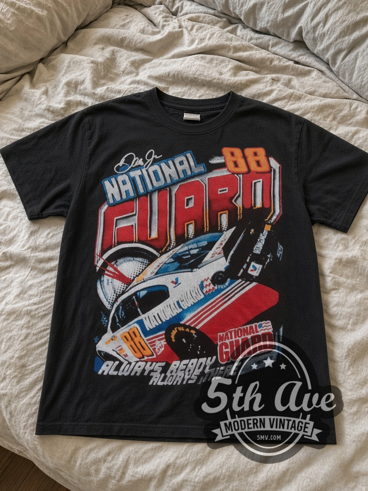 NASCAR Dale Earnhardt Jr. #88 National Guard Always Ready all-over-print vintage NASCAR tee laid flat
