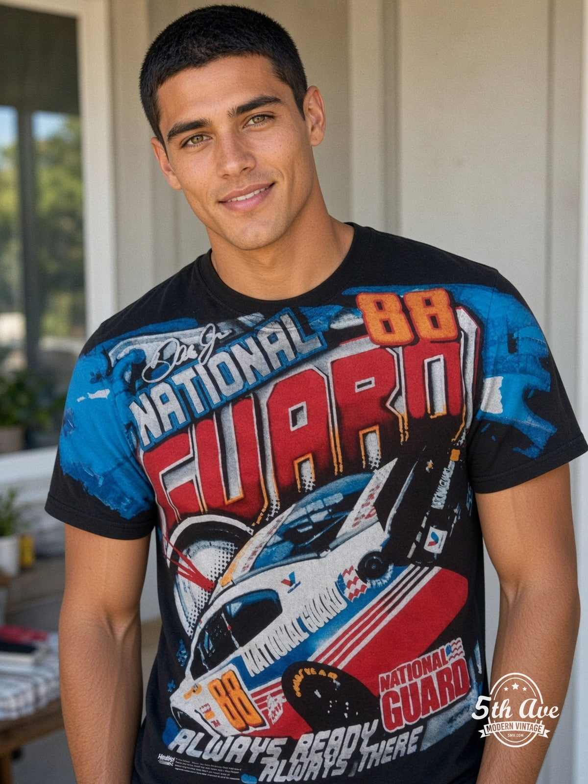 NASCAR Dale Jr 88 National Guard Always Ready vintage tee model wearing