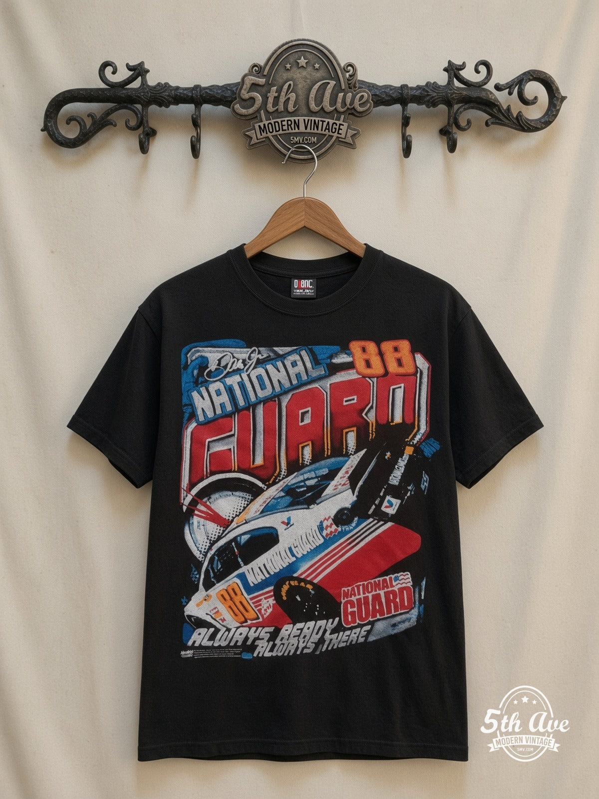 NASCAR Dale Jr 88 National Guard Always Ready all over print vintage nascar t-shirt front on cream 5th Ave rack