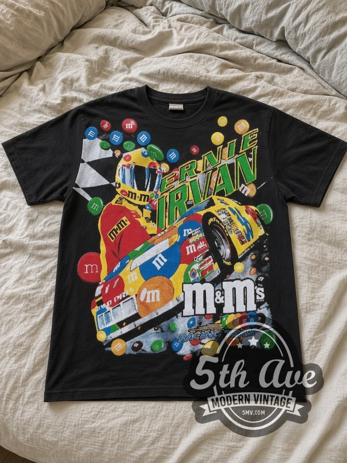 NASCAR Ernie Irvan #36 M&M's Angled Car all-over-print vintage NASCAR tee in black laid flat