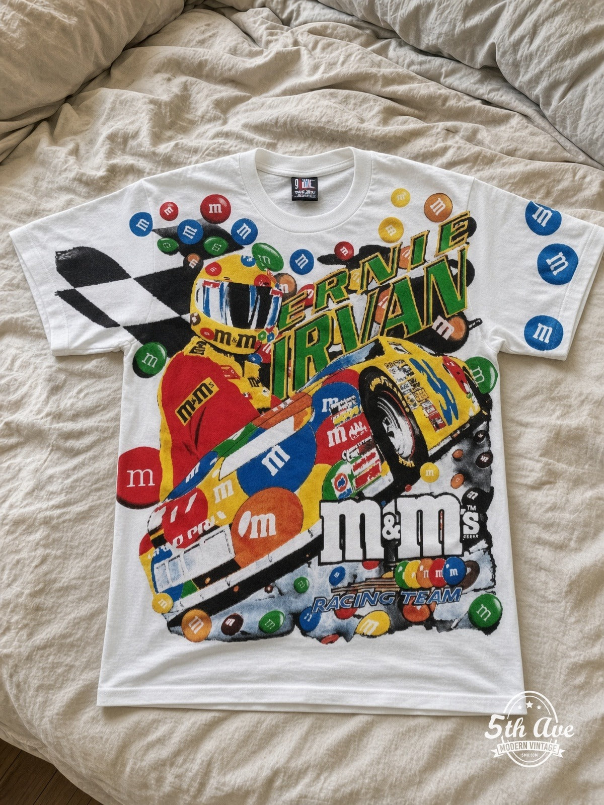 NASCAR Ernie Irvan 36 M&Ms Angled Car vintage tee laid on bed