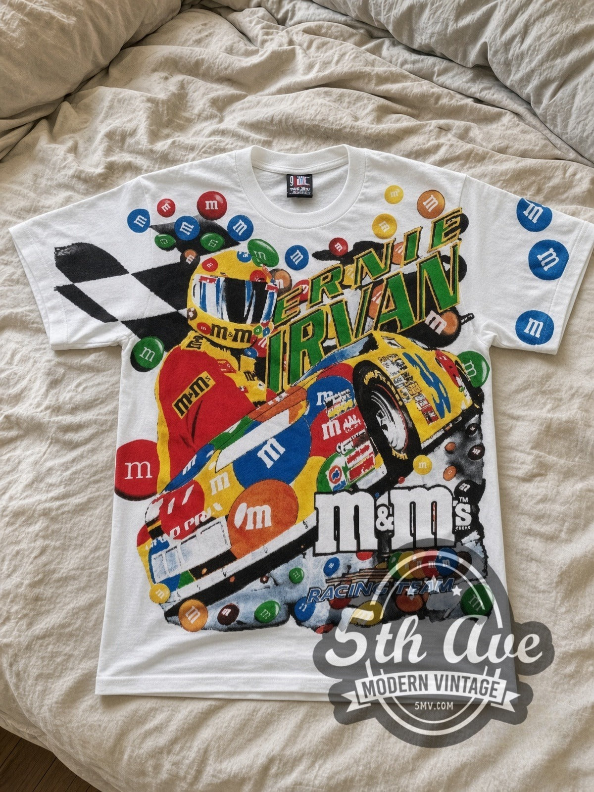NASCAR Ernie Irvan #36 M&M's Angled Car all-over-print vintage NASCAR tee in white laid flat
