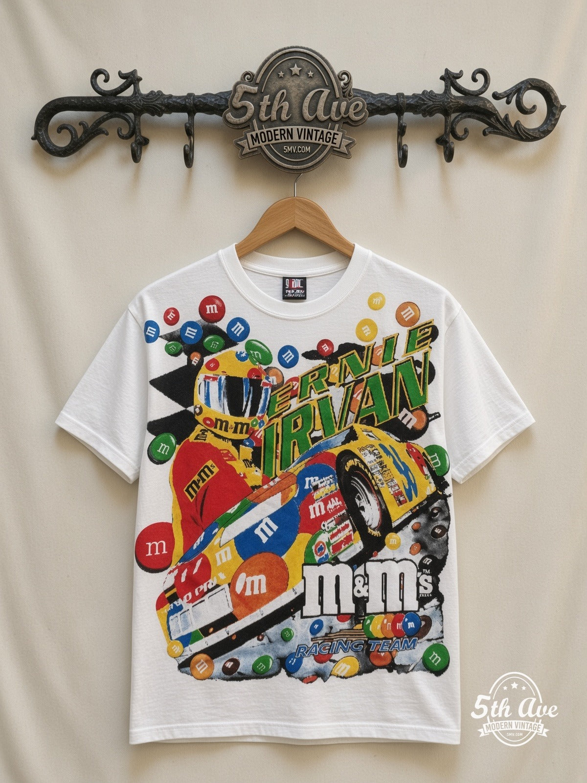 NASCAR Ernie Irvan 36 M&Ms Angled Car all over print vintage nascar t-shirt front on cream 5th Ave rack