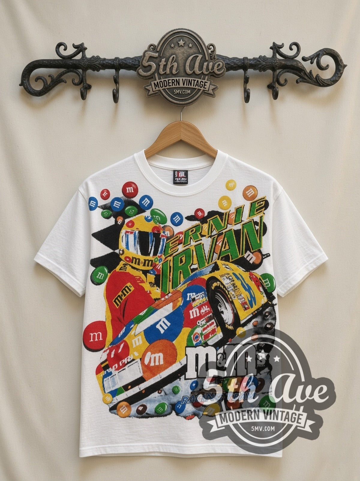 NASCAR Ernie Irvan #36 M&M's Angled Car all-over-print vintage NASCAR t-shirt in white, front view on a display rack