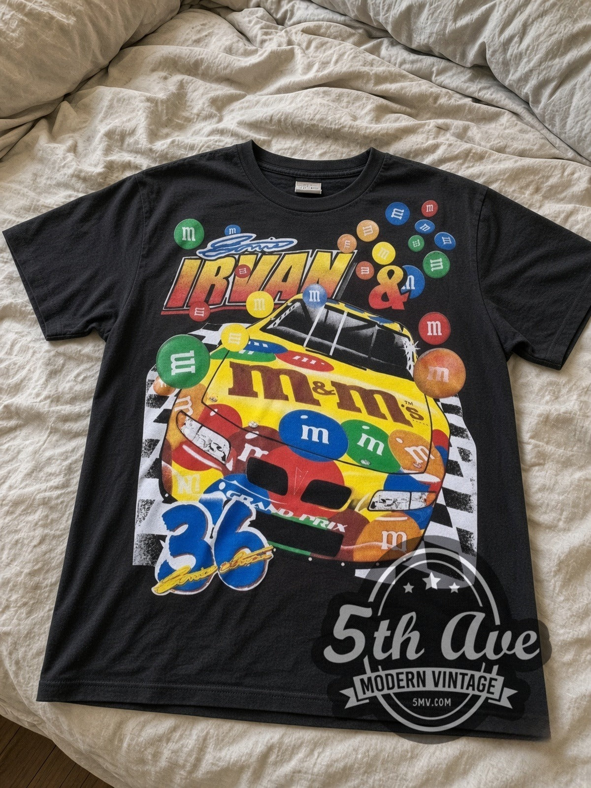 NASCAR Ernie Irvan #36 M&M's Racing all-over-print vintage NASCAR tee in black laid flat