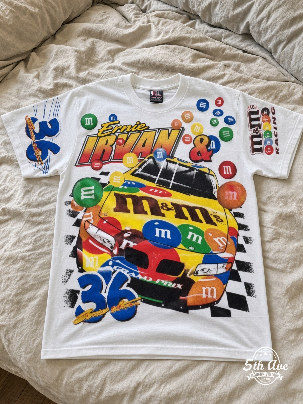 NASCAR Ernie Irvan 36 M&Ms Racing vintage tee laid on bed
