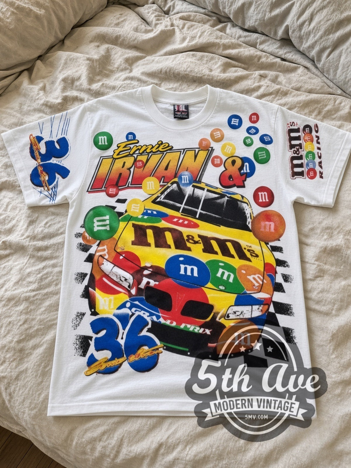 NASCAR Ernie Irvan #36 M&M's Racing all-over-print vintage NASCAR tee in white laid flat