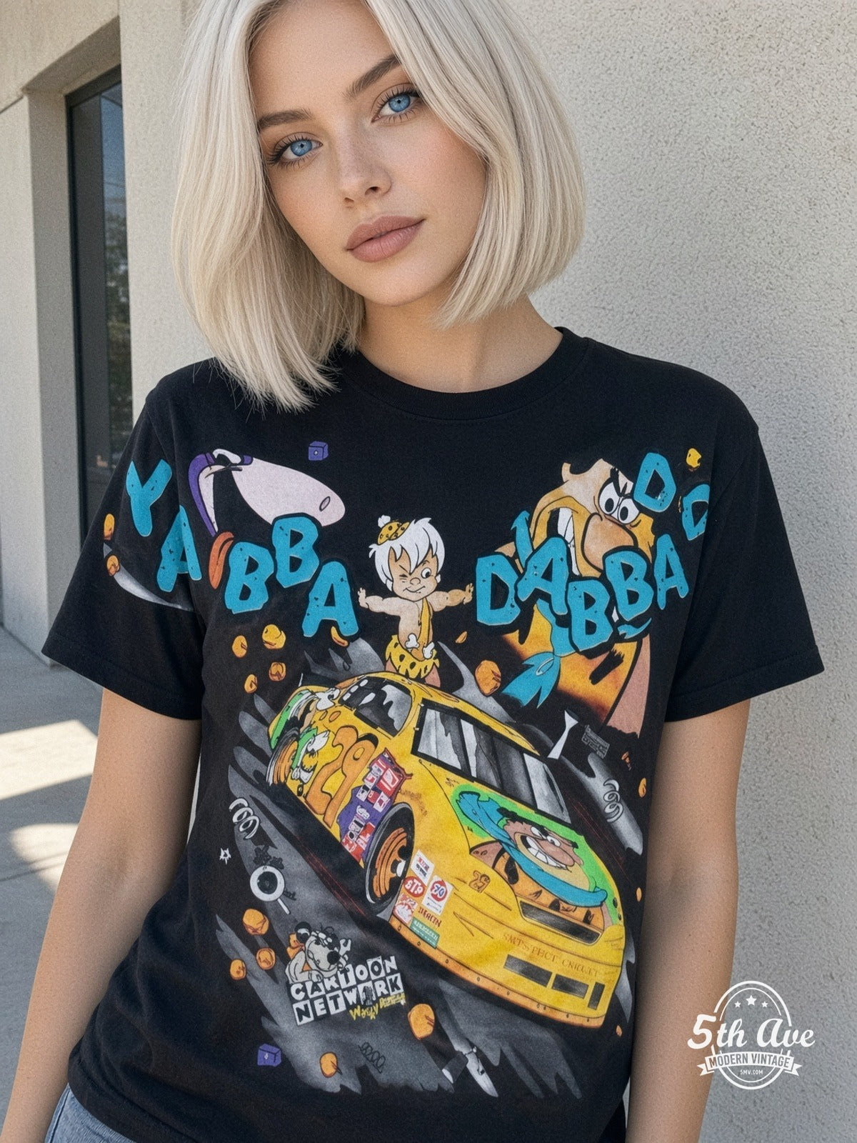 NASCAR Flintstones Yabba Dabba Doo Racing vintage tee model wearing