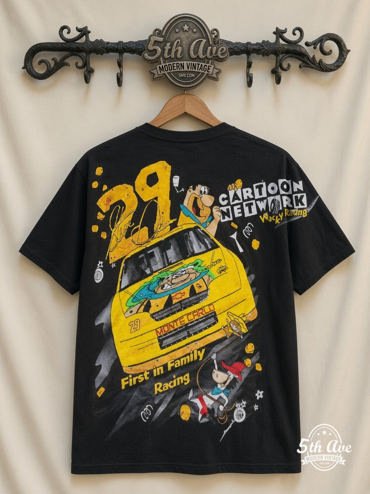 NASCAR Flintstones Yabba Dabba Doo Racing all over print vintage tee back on cream 5th Ave rack