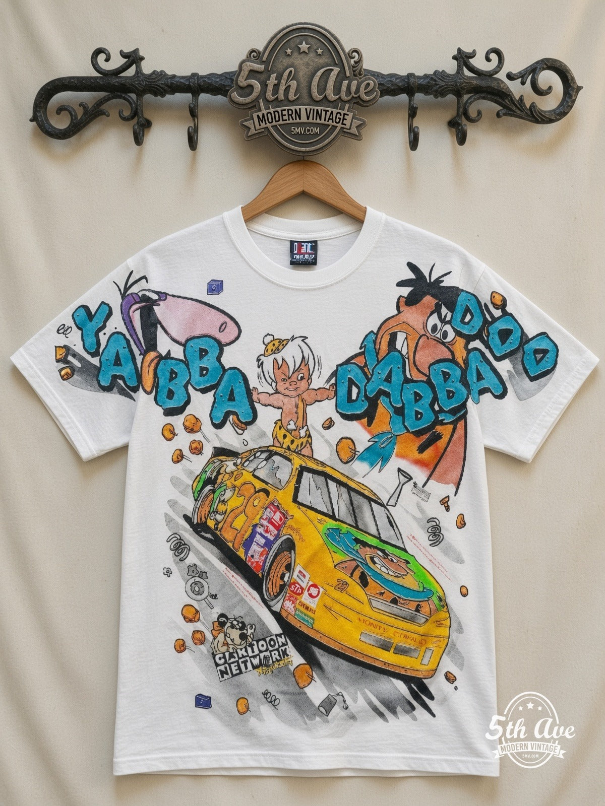 NASCAR Flintstones Yabba Dabba Doo Racing all over print vintage nascar t-shirt front on cream 5th Ave rack