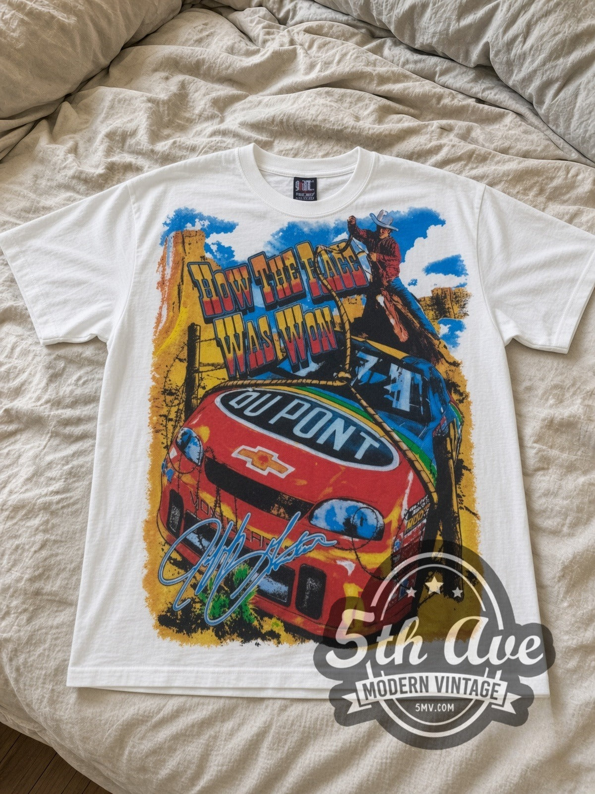 NASCAR Jeff Gordon #24 How The West Was Won all-over-print vintage NASCAR tee in white laid flat