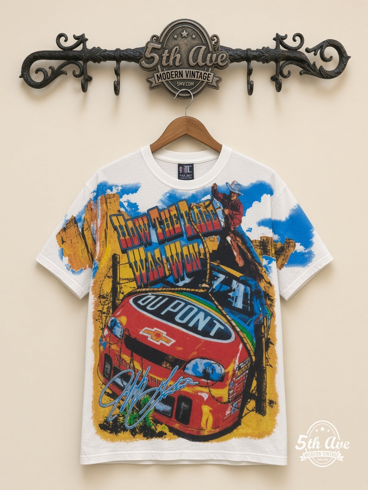 NASCAR Jeff Gordon 24 How The West Was Won all over print vintage nascar t-shirt front on cream 5th Ave rack
