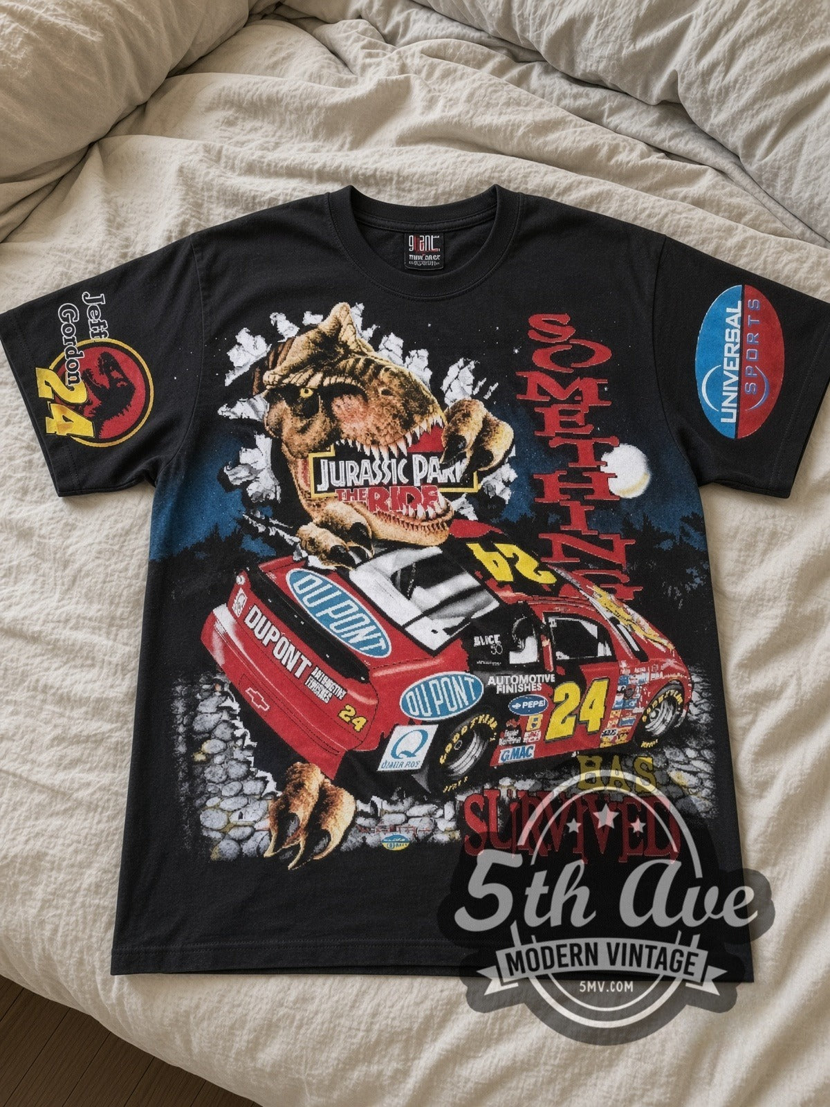 NASCAR Jeff Gordon #24 Jurassic Park The Ride all-over-print vintage NASCAR tee in black laid flat