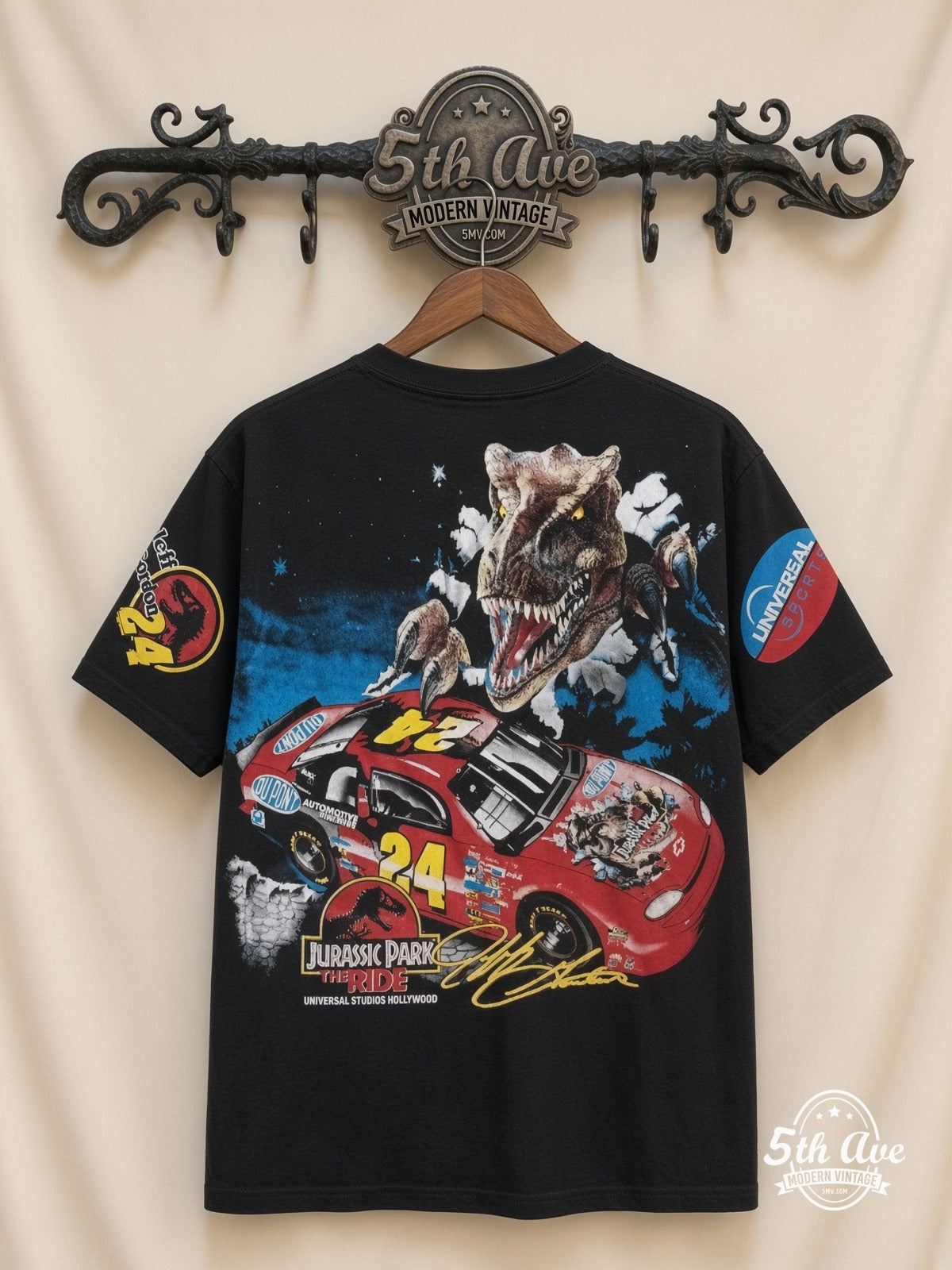 NASCAR Jeff Gordon 24 Jurassic Park The Ride all over print vintage tee back on cream 5th Ave rack