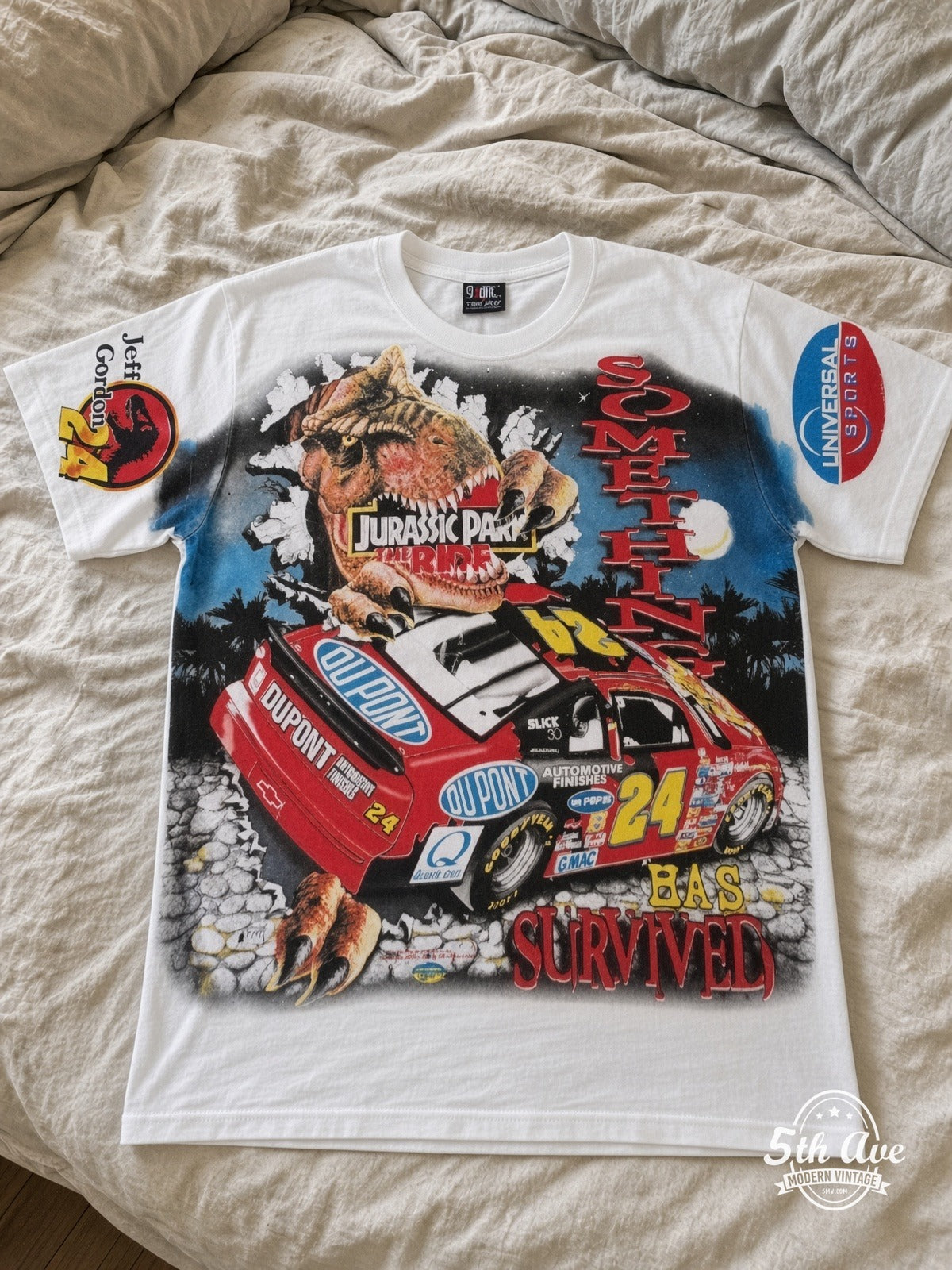 NASCAR Jeff Gordon 24 Jurassic Park The Ride vintage tee laid on bed