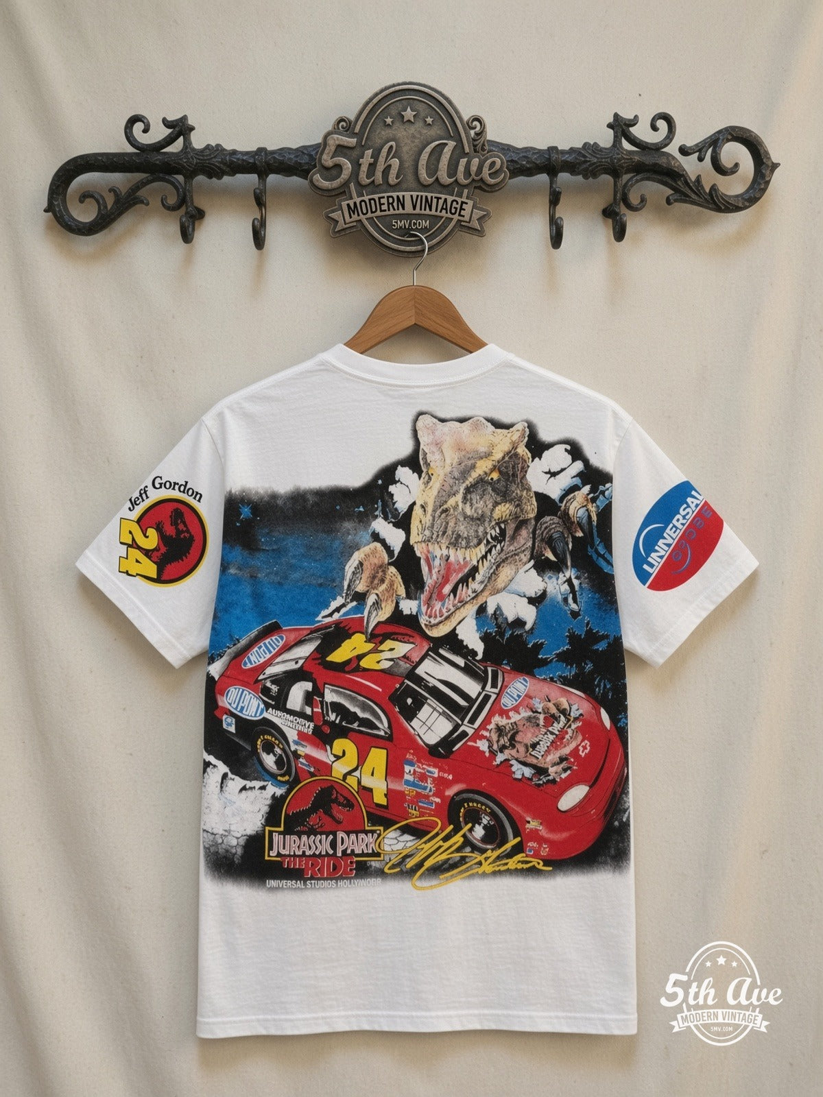 NASCAR Jeff Gordon 24 Jurassic Park The Ride all over print vintage tee back on cream 5th Ave rack